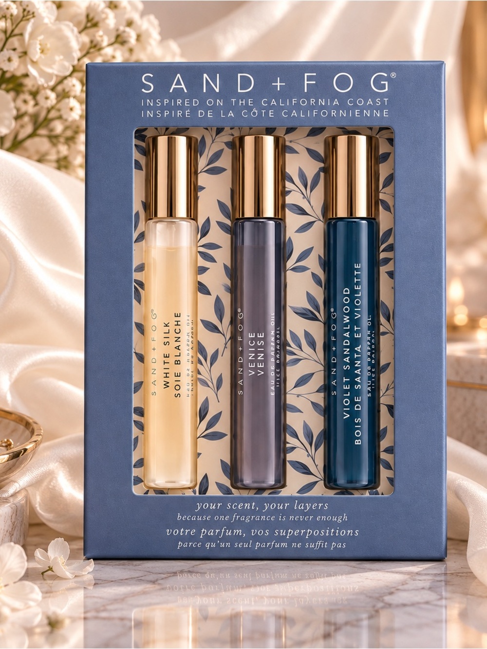 SAND + FOG White Silk, Venice & Violet Sandalwood Perfume Oil Trio – 3 x 10 mL
